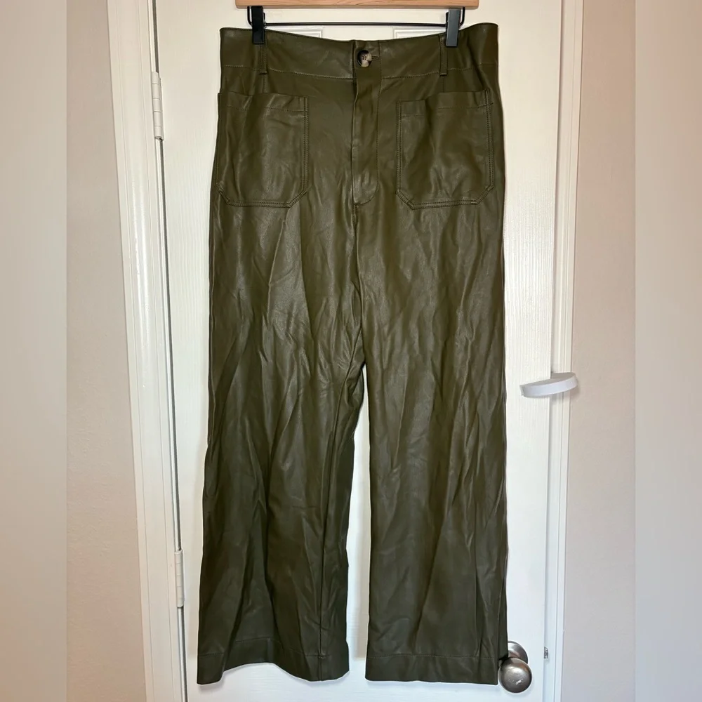 Maeve by Anthropologie The Colette Vegan‎ Leather Wide-Leg Pants Olive Green